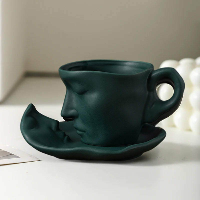 Metal Touching Face Creative Ceramic Kiss Coffee Cup, Artistic Vibe Mug & Saucer Set