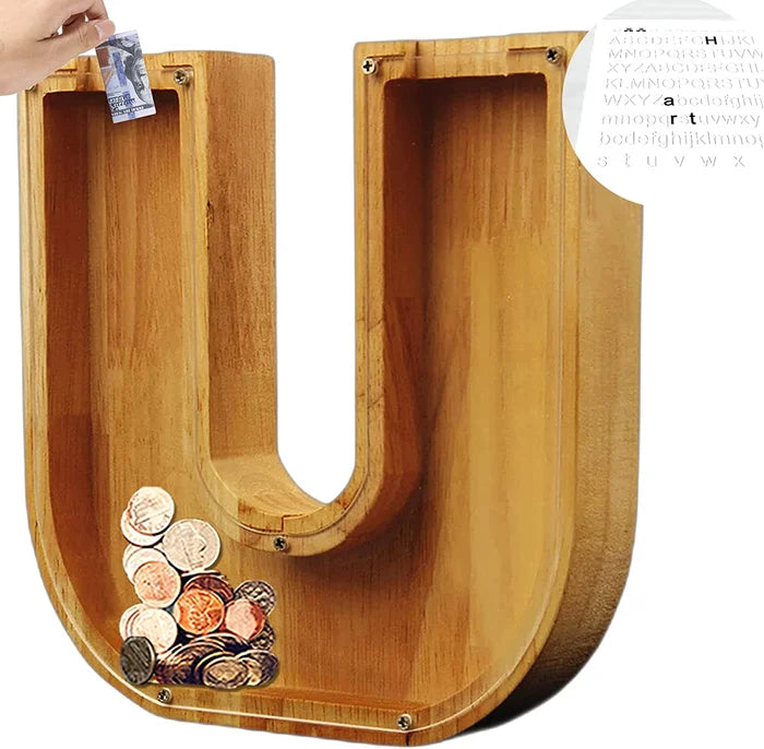 💕Alphabet A-Z Letter Wooden Piggy Bank Coin Box for Kids Adult Gift