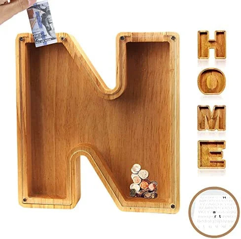 💕Alphabet A-Z Letter Wooden Piggy Bank Coin Box for Kids Adult Gift