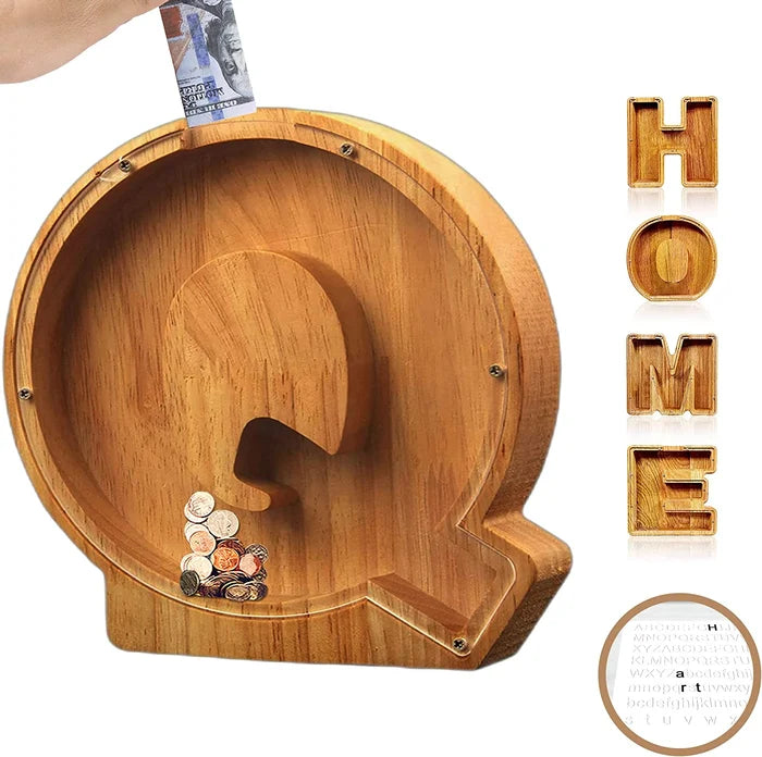 💕Alphabet A-Z Letter Wooden Piggy Bank Coin Box for Kids Adult Gift