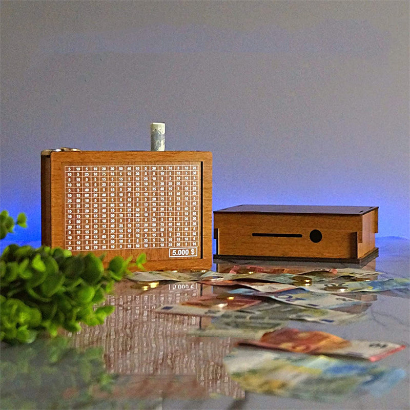 Wooden money box with engraved figures