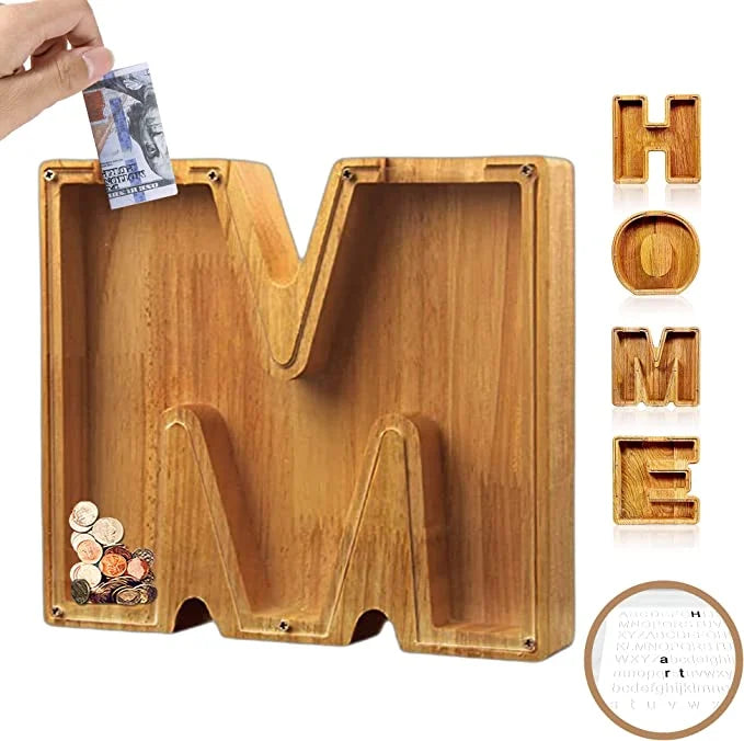 💕Alphabet A-Z Letter Wooden Piggy Bank Coin Box for Kids Adult Gift