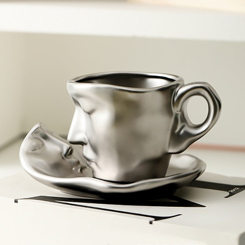 Metal Touching Face Creative Ceramic Kiss Coffee Cup, Artistic Vibe Mug & Saucer Set