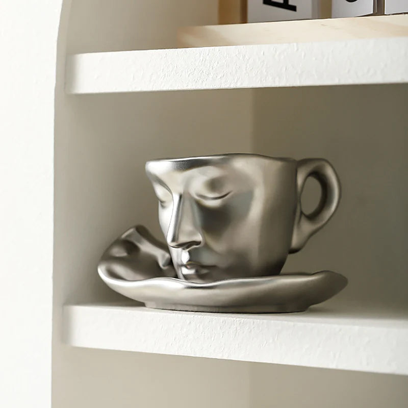 Metal Touching Face Creative Ceramic Kiss Coffee Cup, Artistic Vibe Mug & Saucer Set