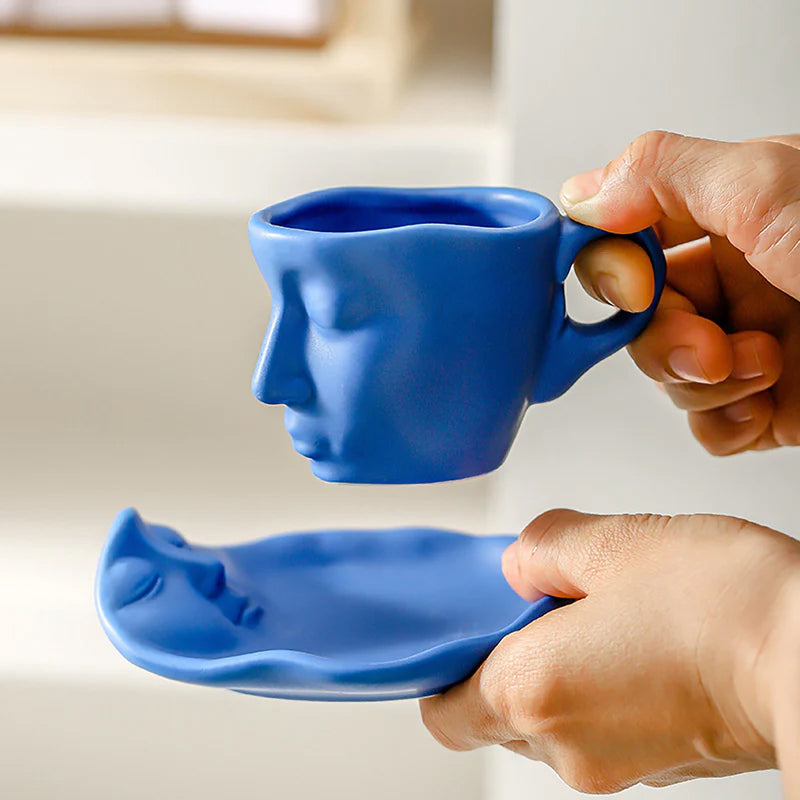 Metal Touching Face Creative Ceramic Kiss Coffee Cup, Artistic Vibe Mug & Saucer Set