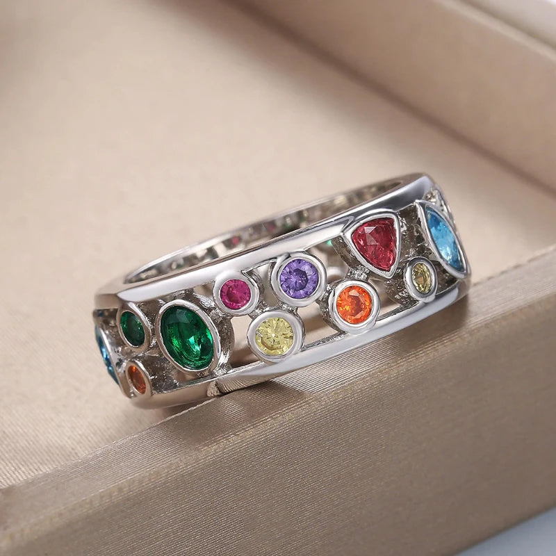 Hollow out Multicolor Geometric Zircon Rings