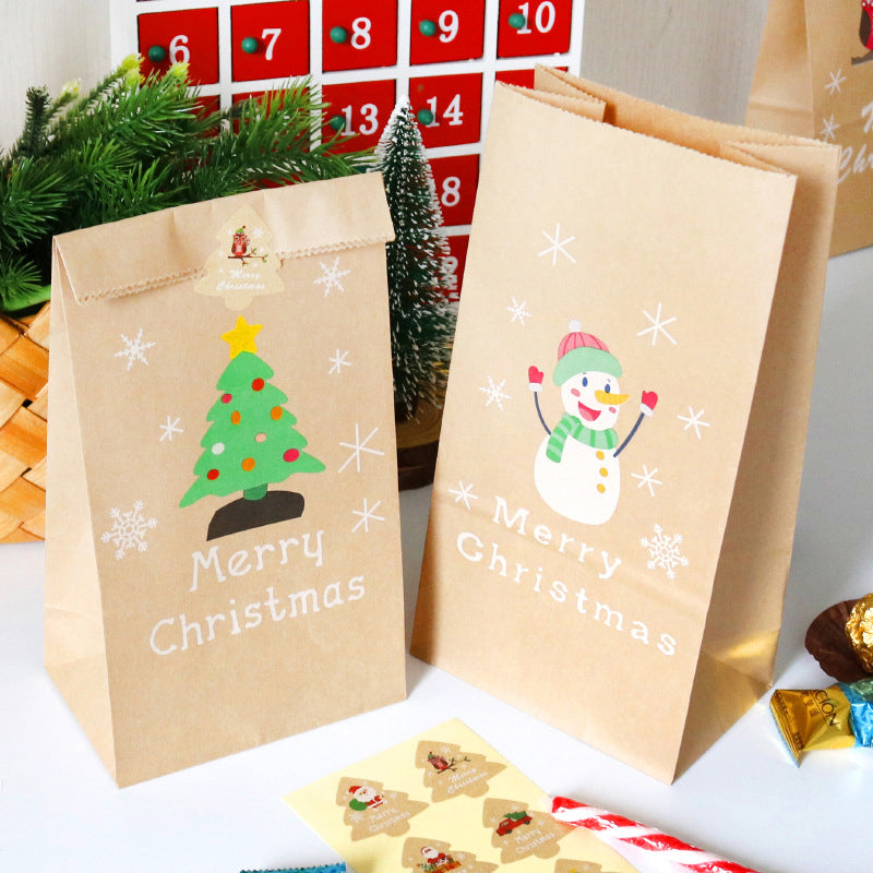 Christmas Kraft Paper Bags, 6 Bags+6 Stickers