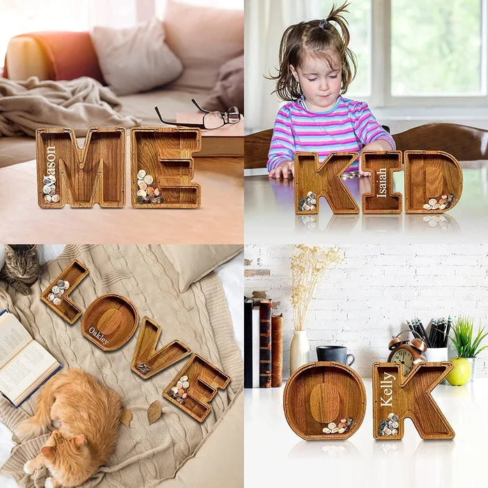 💕Alphabet A-Z Letter Wooden Piggy Bank Coin Box for Kids Adult Gift