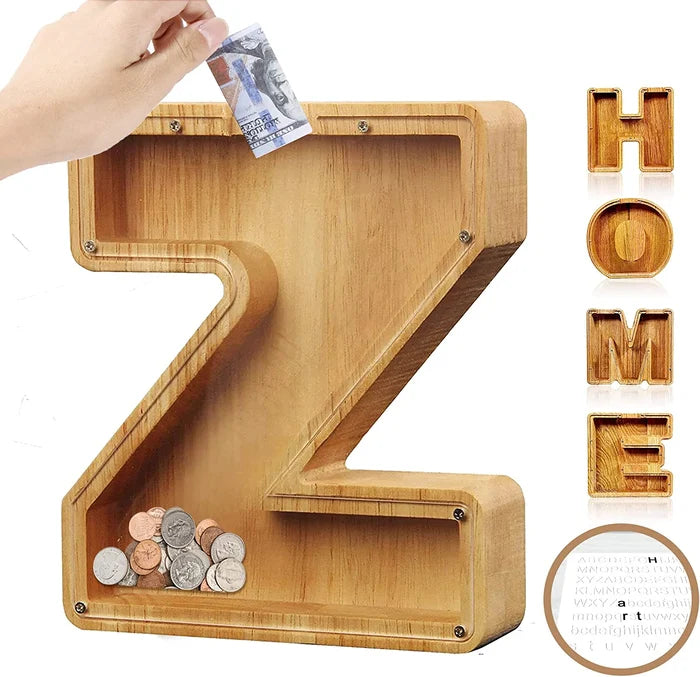 💕Alphabet A-Z Letter Wooden Piggy Bank Coin Box for Kids Adult Gift