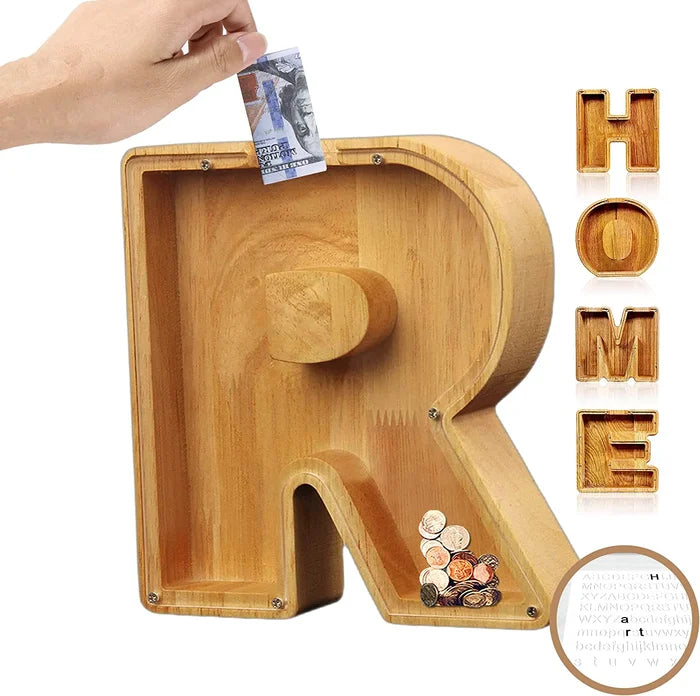 💕Alphabet A-Z Letter Wooden Piggy Bank Coin Box for Kids Adult Gift