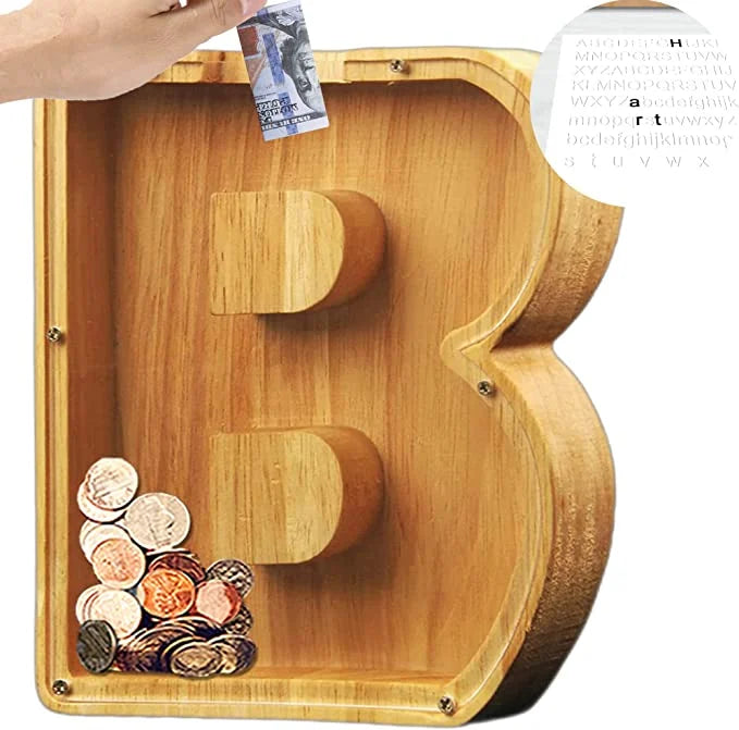 💕Alphabet A-Z Letter Wooden Piggy Bank Coin Box for Kids Adult Gift