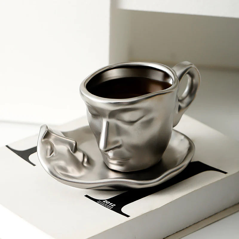 Metal Touching Face Creative Ceramic Kiss Coffee Cup, Artistic Vibe Mug & Saucer Set