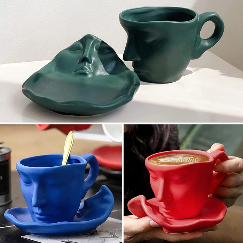 Metal Touching Face Creative Ceramic Kiss Coffee Cup, Artistic Vibe Mug & Saucer Set