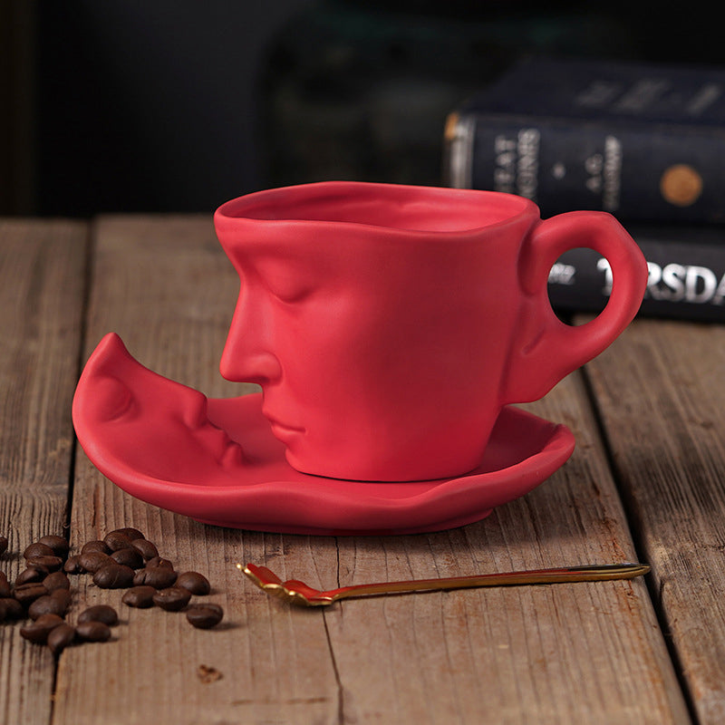 Metal Touching Face Creative Ceramic Kiss Coffee Cup, Artistic Vibe Mug & Saucer Set