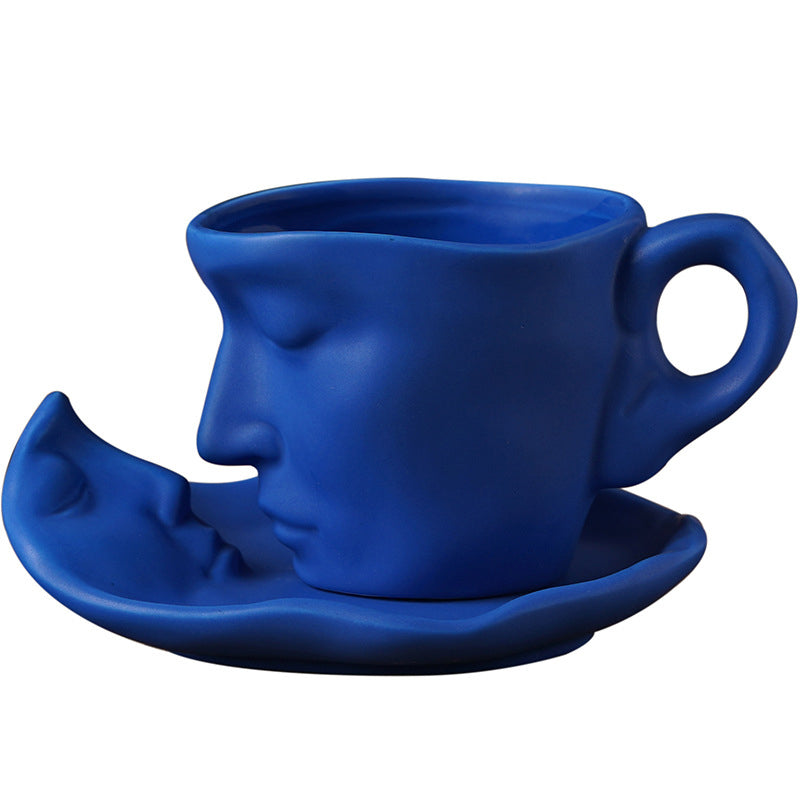 Metal Touching Face Creative Ceramic Kiss Coffee Cup, Artistic Vibe Mug & Saucer Set