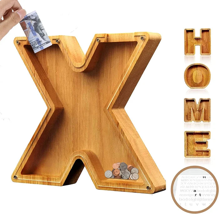 💕Alphabet A-Z Letter Wooden Piggy Bank Coin Box for Kids Adult Gift