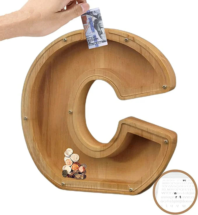 💕Alphabet A-Z Letter Wooden Piggy Bank Coin Box for Kids Adult Gift